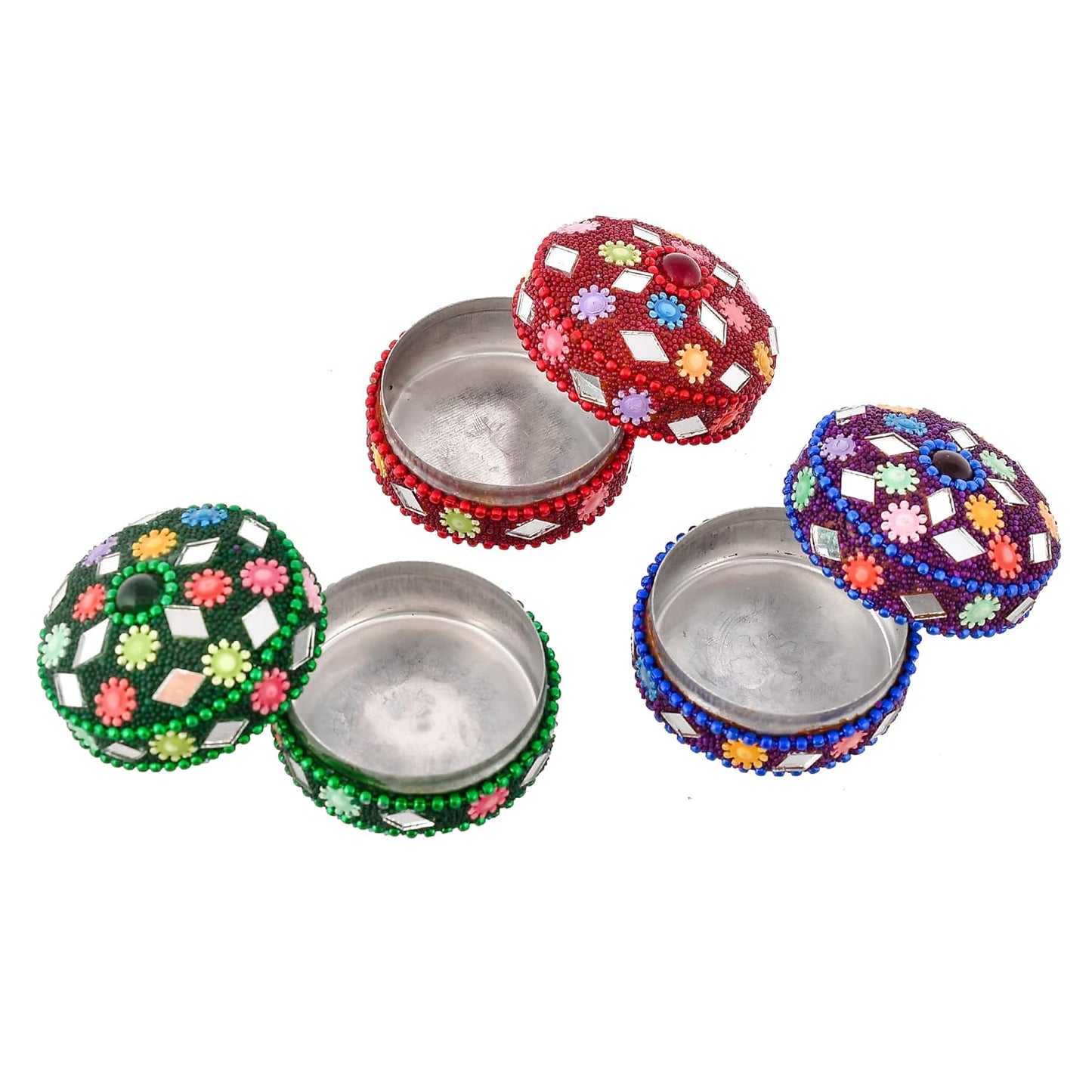 Handmade Aluminium Lacquer Sindoor , Pill And Earring Box (Set of 12), Round