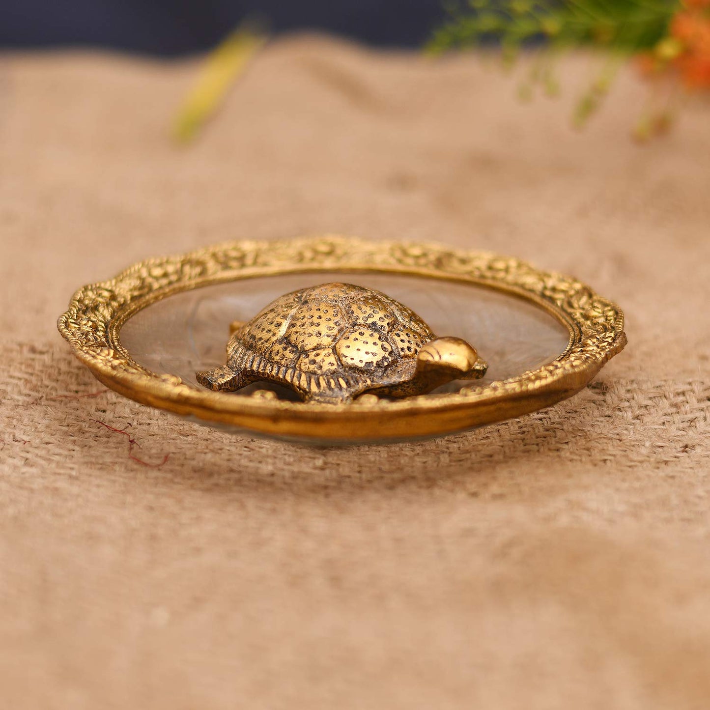 Collectible Metal Feng Shui Tortoise On Plate Showpiece for Good Luck