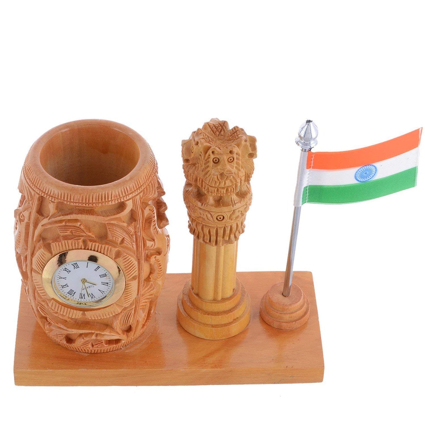 Wooden Ashoka Stambh With Hand Craved Analogue Clock Pen Stand