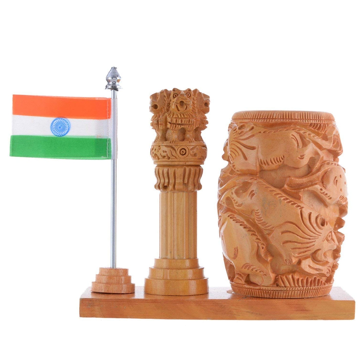 Wooden Ashoka Stambh With Hand Craved Analogue Clock Pen Stand
